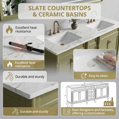 60"-96"Large Classic Bathroom Vanity with Double Sink   Cabinet with Integrated Mirror