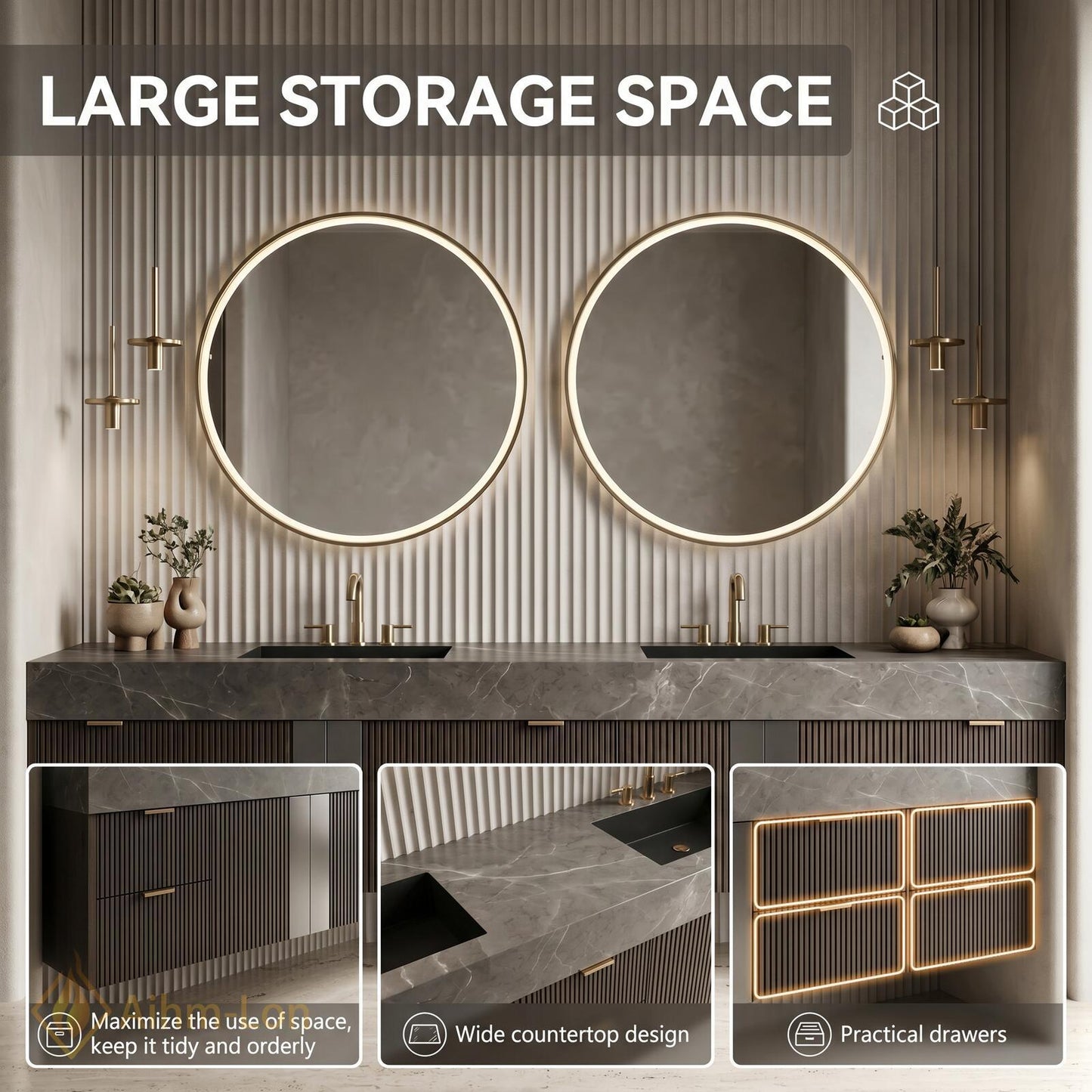 60''-96'' Double Bathroom Vanity with Sink Dark Modern Floating Stone-Top Slatted