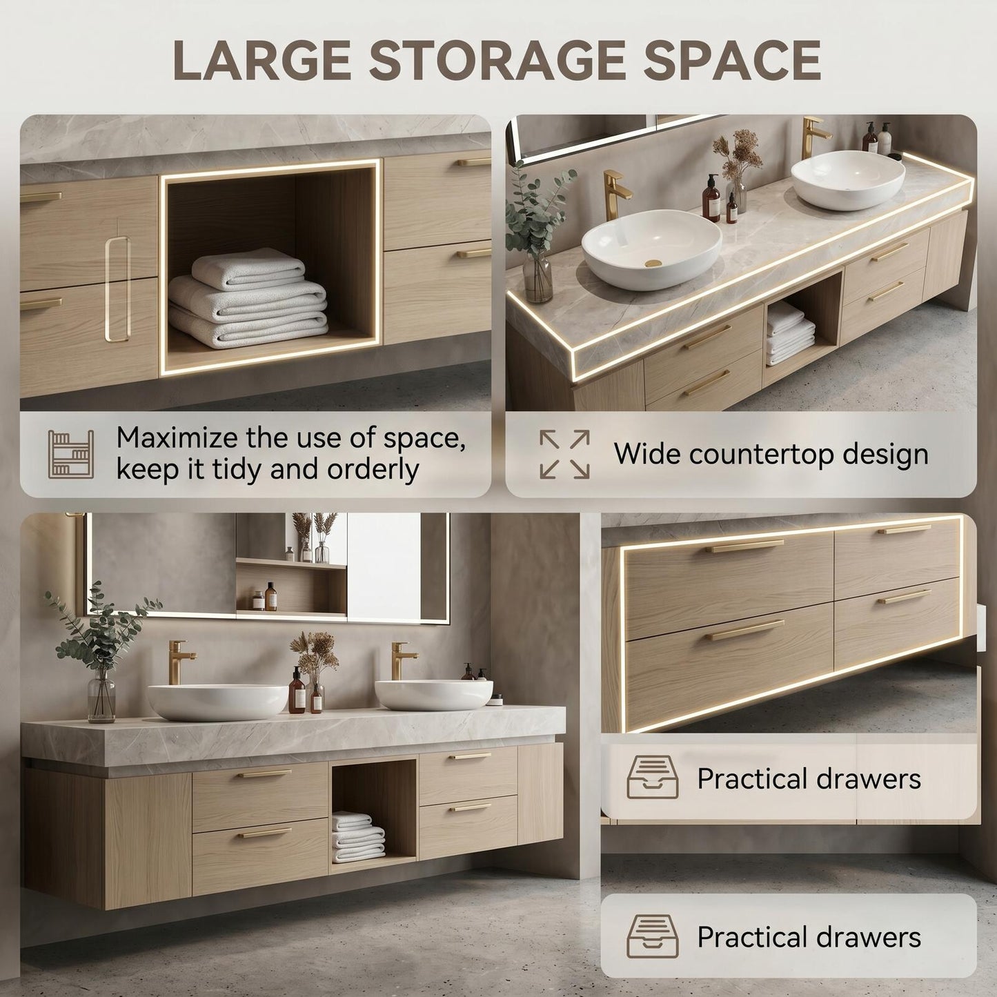 60''-96'' Elegant Bathroom Vanity with Sink Double Sink Light Oak Finish Open Center Storage