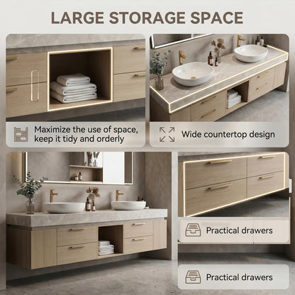 60''-96'' Elegant Bathroom Vanity with Sink Double Sink Light Oak Finish Open Center Storage