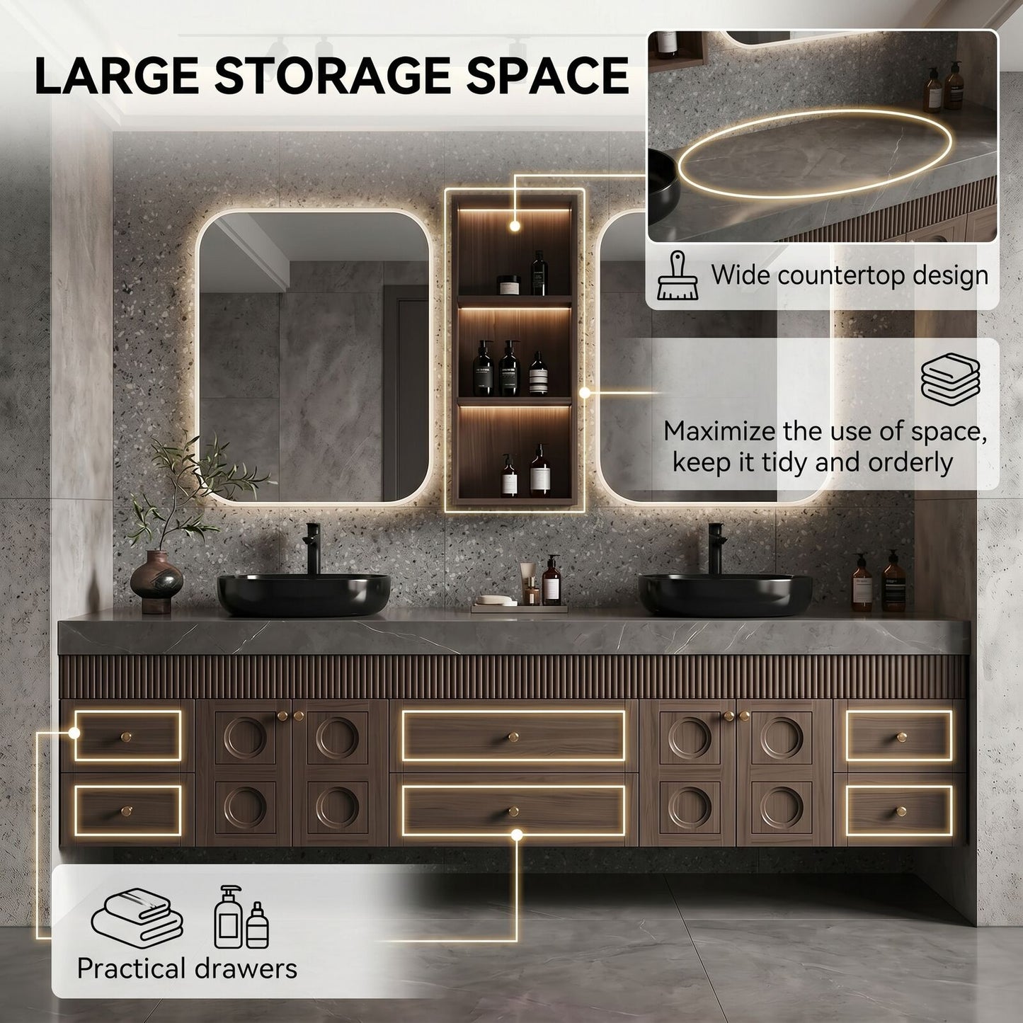 70''-96'' Modern Bathroom Vanity with Sink Ridge-Panel Dark Wood Grain Spacious Cabinet