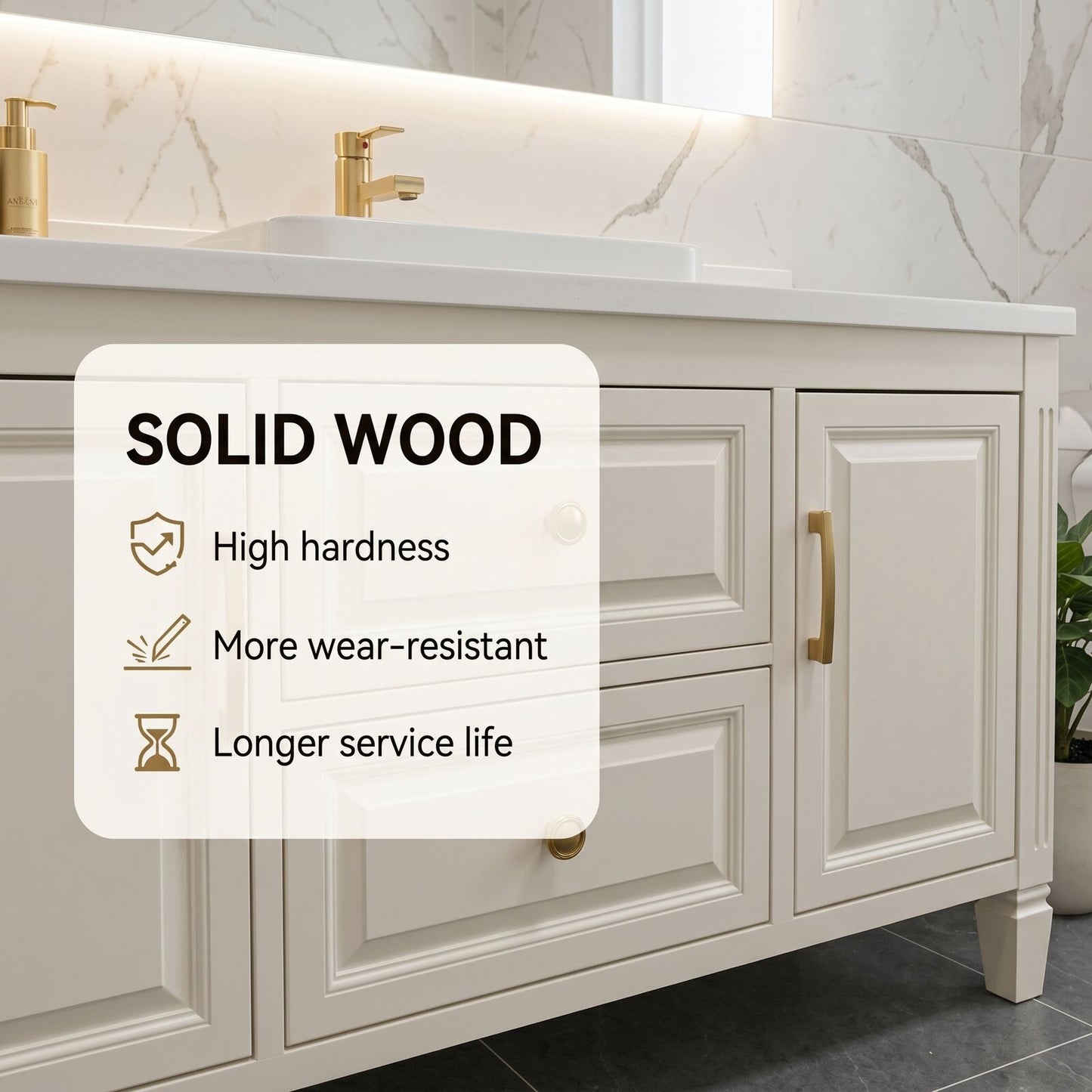 50''-64'' Elegant Bathroom Vanity with Sink White Wood-Paneled Stone LED Fluted Mirror