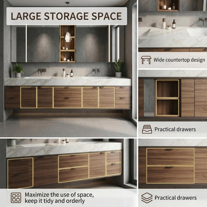 70''-96'' Modern Bathroom Vanity with Sink Double Sink Walnut Finish Slatted Panel Cabinet