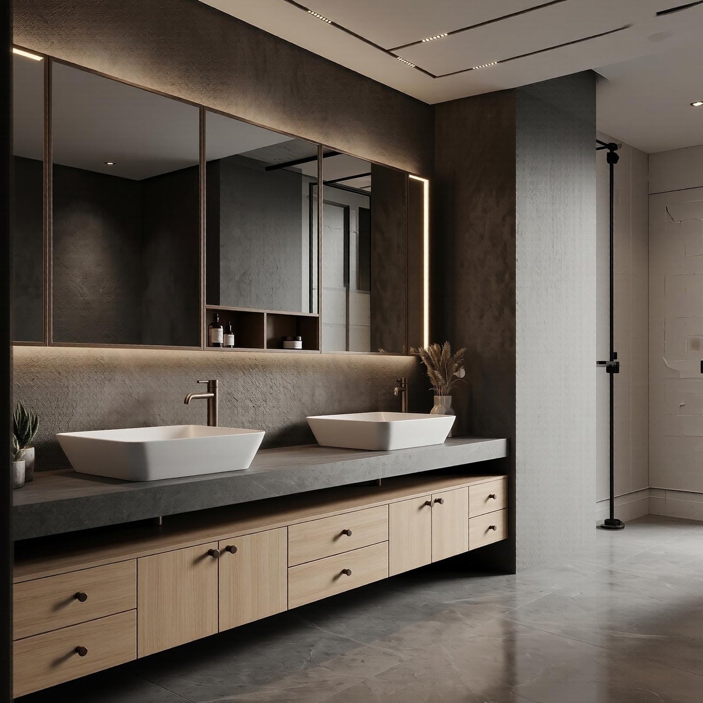 76''-96'' Floating Bathroom Vanity with Sink Dark Gray Stone Light Wood Drawers Mirror Cabinet