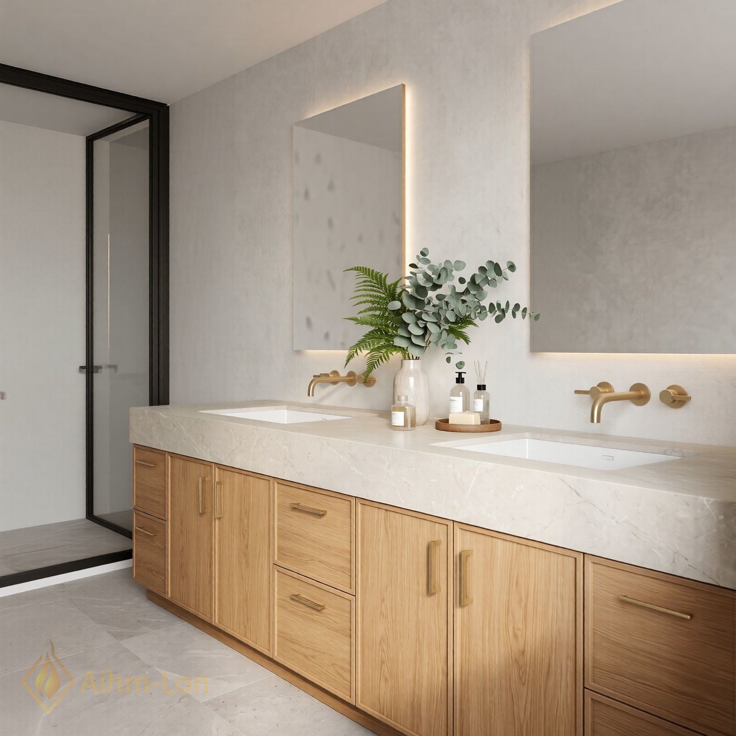 72''-96'' Double Bathroom Vanity with Sink Floating Drawers Wood Grain Finish Marble