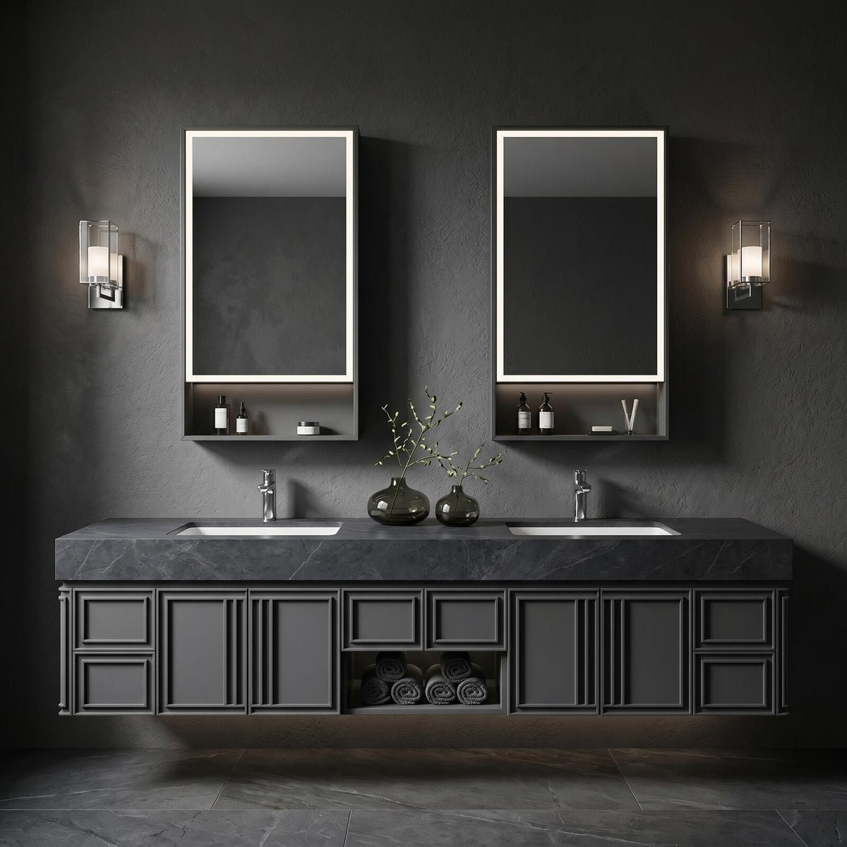 60''-96'' Double Bathroom Vanity with Sink Modern Geometric Framed Charcoal Marble-finish