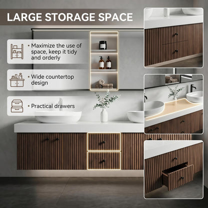 60''-96'' Modern Bathroom Vanity with Sink Dual Vessel Sinks Vertical Slatted Dark Cabinet