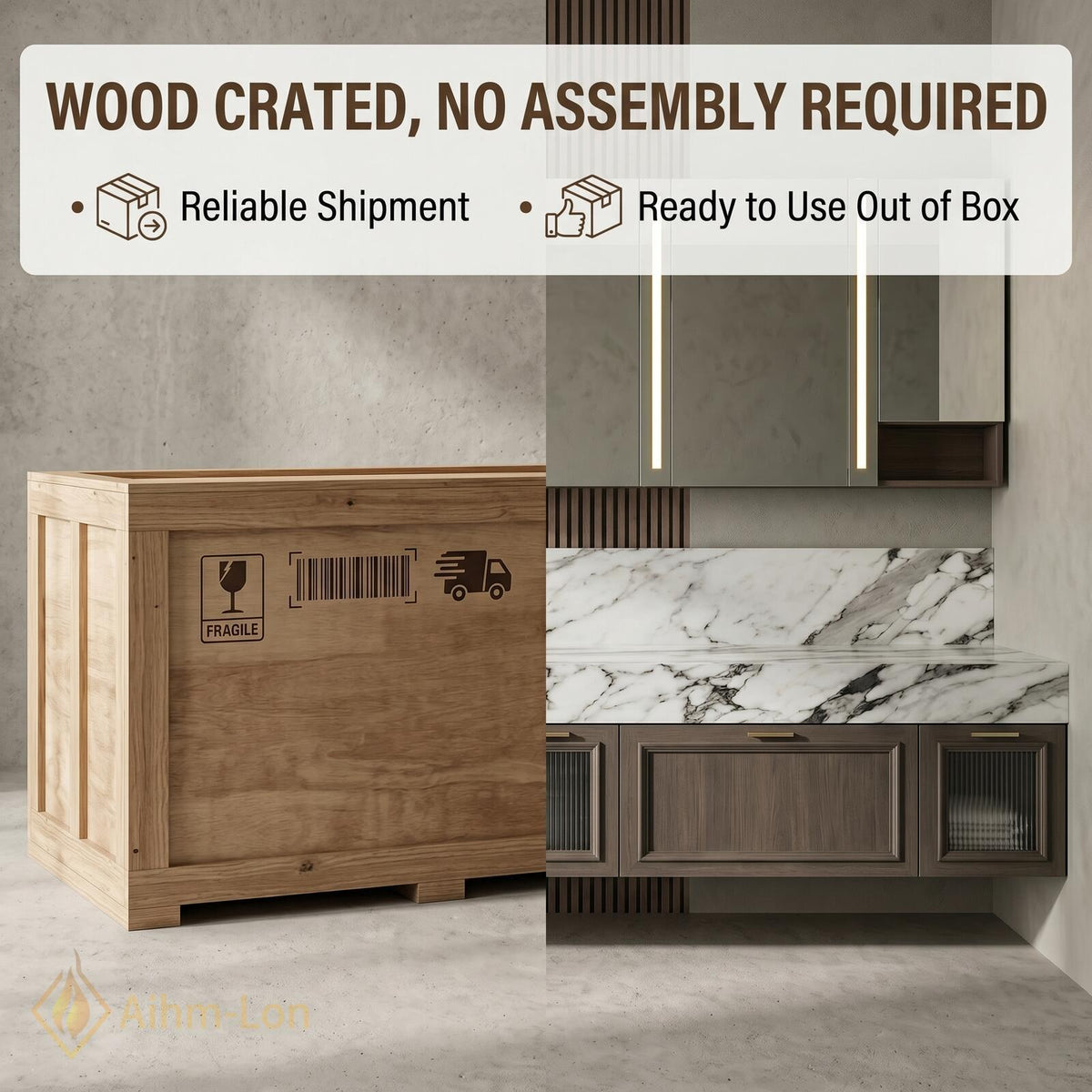 60''-96'' Double Bathroom Vanity with Sink Floating Charcoal Wood-Grain Finish Glass-Paneled Doors