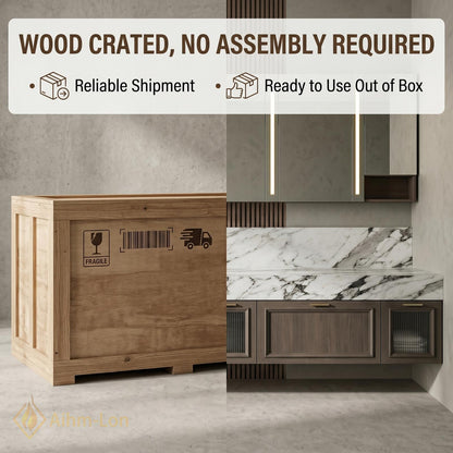 60''-96'' Double Bathroom Vanity with Sink Floating Charcoal Wood-Grain Finish Glass-Paneled Doors
