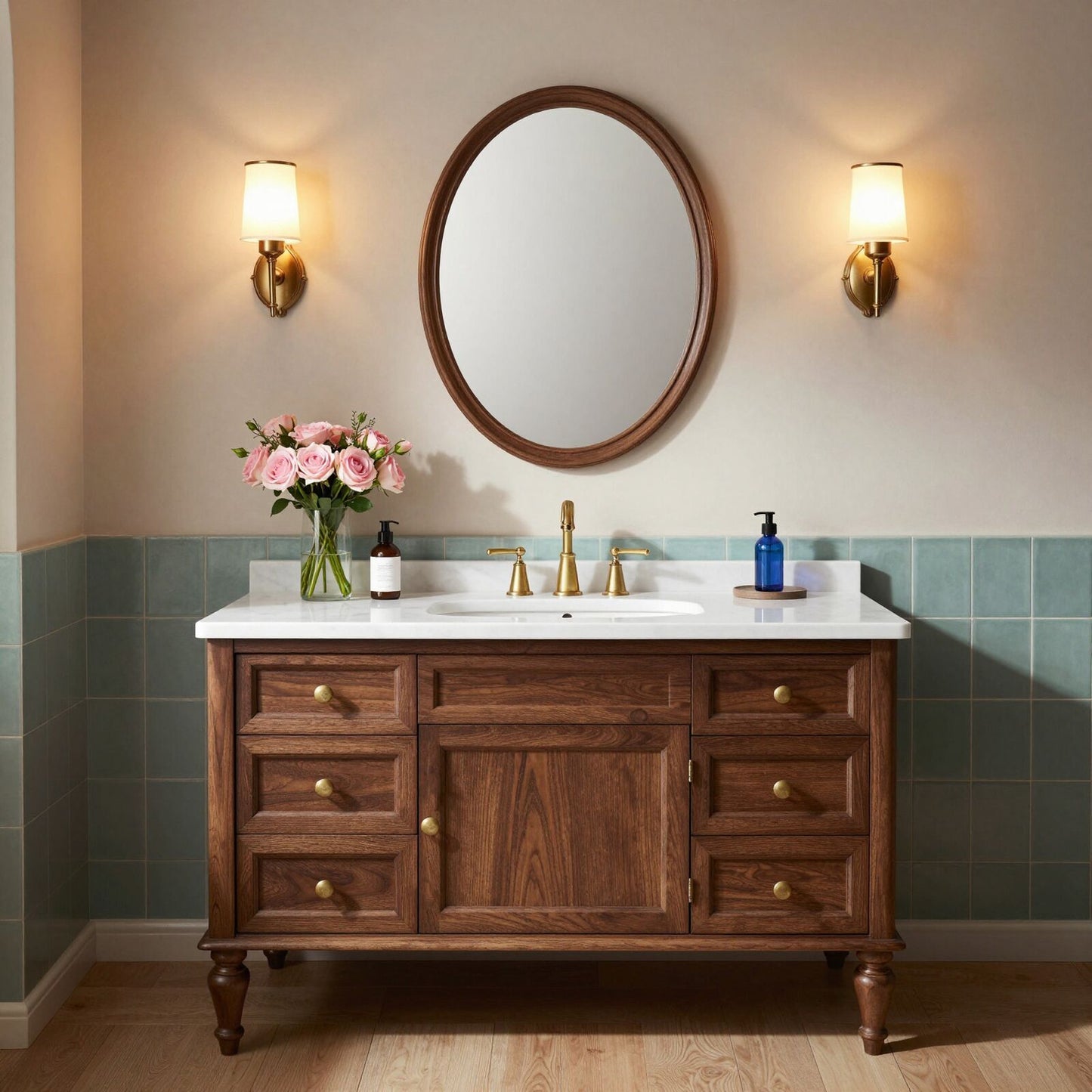 50''-64'' Classic Bathroom Vanity with Sink Single Chestnut White Marble Spacious Drawers Cabinet