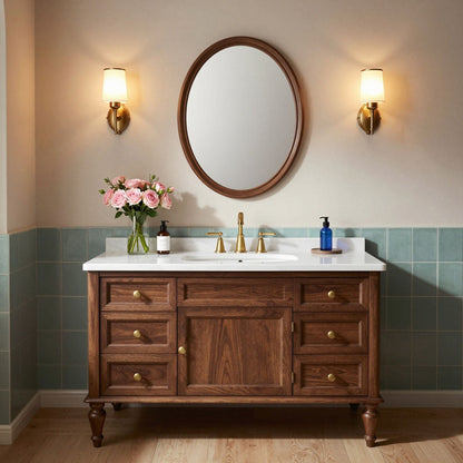 50''-64'' Classic Bathroom Vanity with Sink Single Chestnut White Marble Spacious Drawers Cabinet
