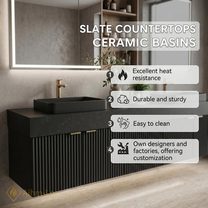 60''-96'' Double Bathroom Vanity with Sink Modern Dark Charcoal Ribbed Panels Mirror Storage
