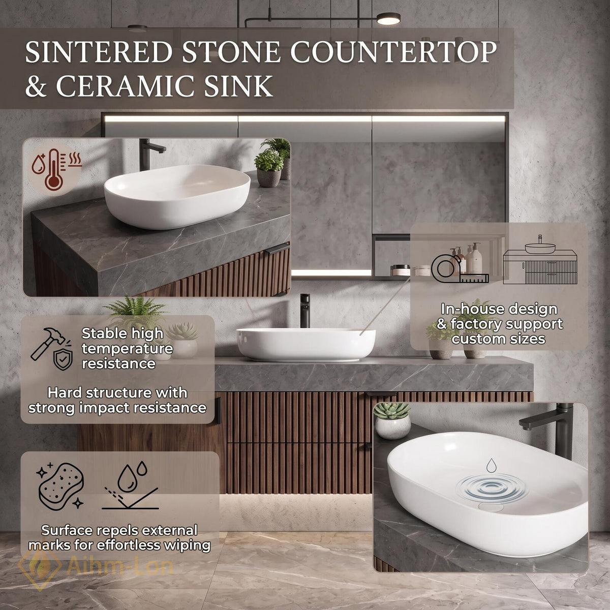 36''-110'' Floating Bathroom Vanity with Sink Slatted Walnut Front Open Shelf