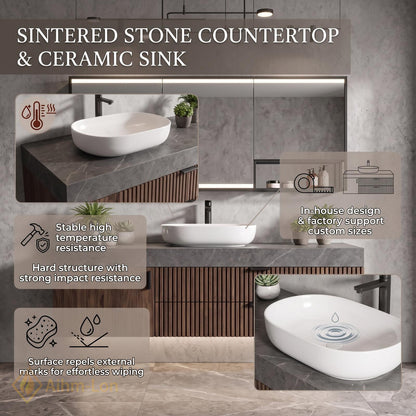 36''-110'' Floating Bathroom Vanity with Sink Slatted Walnut Front Open Shelf