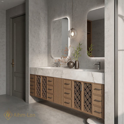 76''-96'' Double Bathroom Vanity with Sink Lattice Grid Pattern Doors Sets Marble