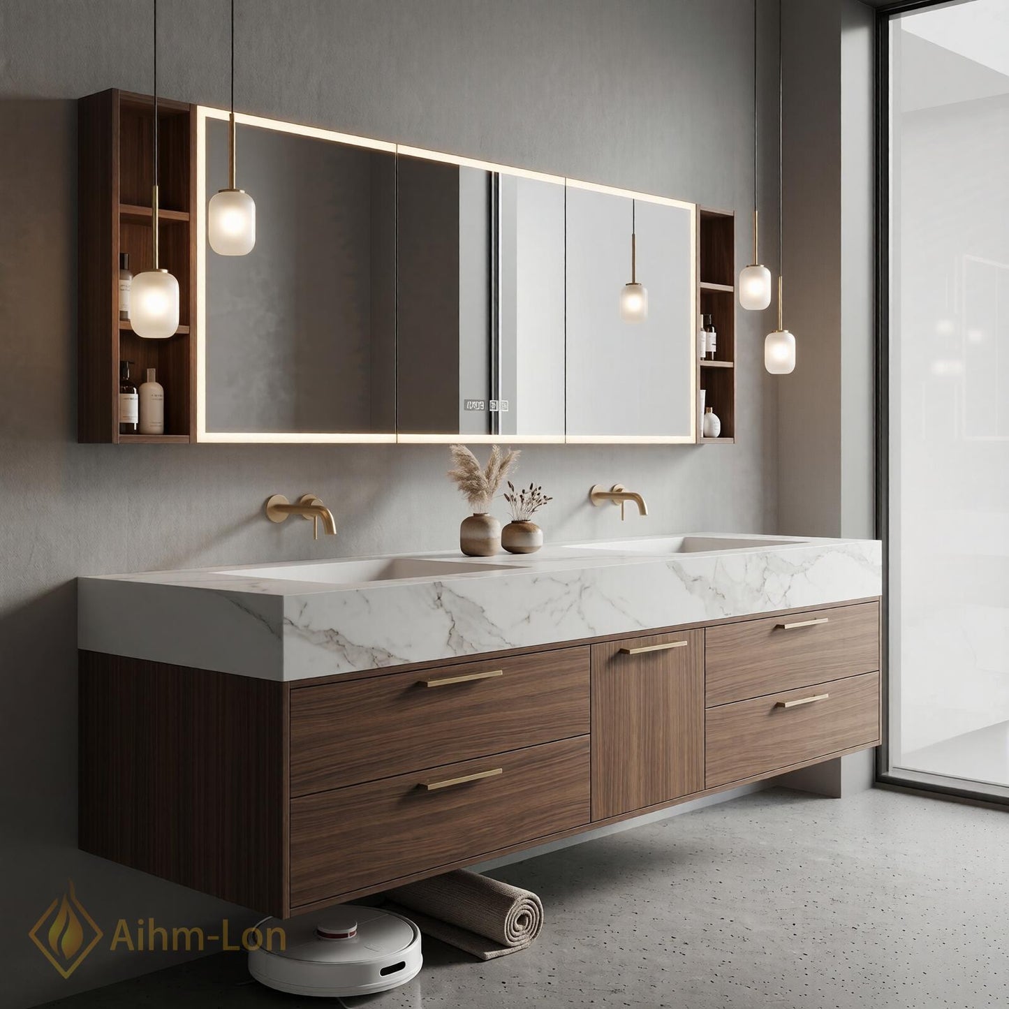60''-96'' Double Bathroom Vanity with Sink Modern Floating Marble Top Walnut Finish