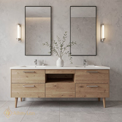 60''-96'' Spacious Bathroom Vanity with Sink Double Sink Natural Wood Grain Open Center