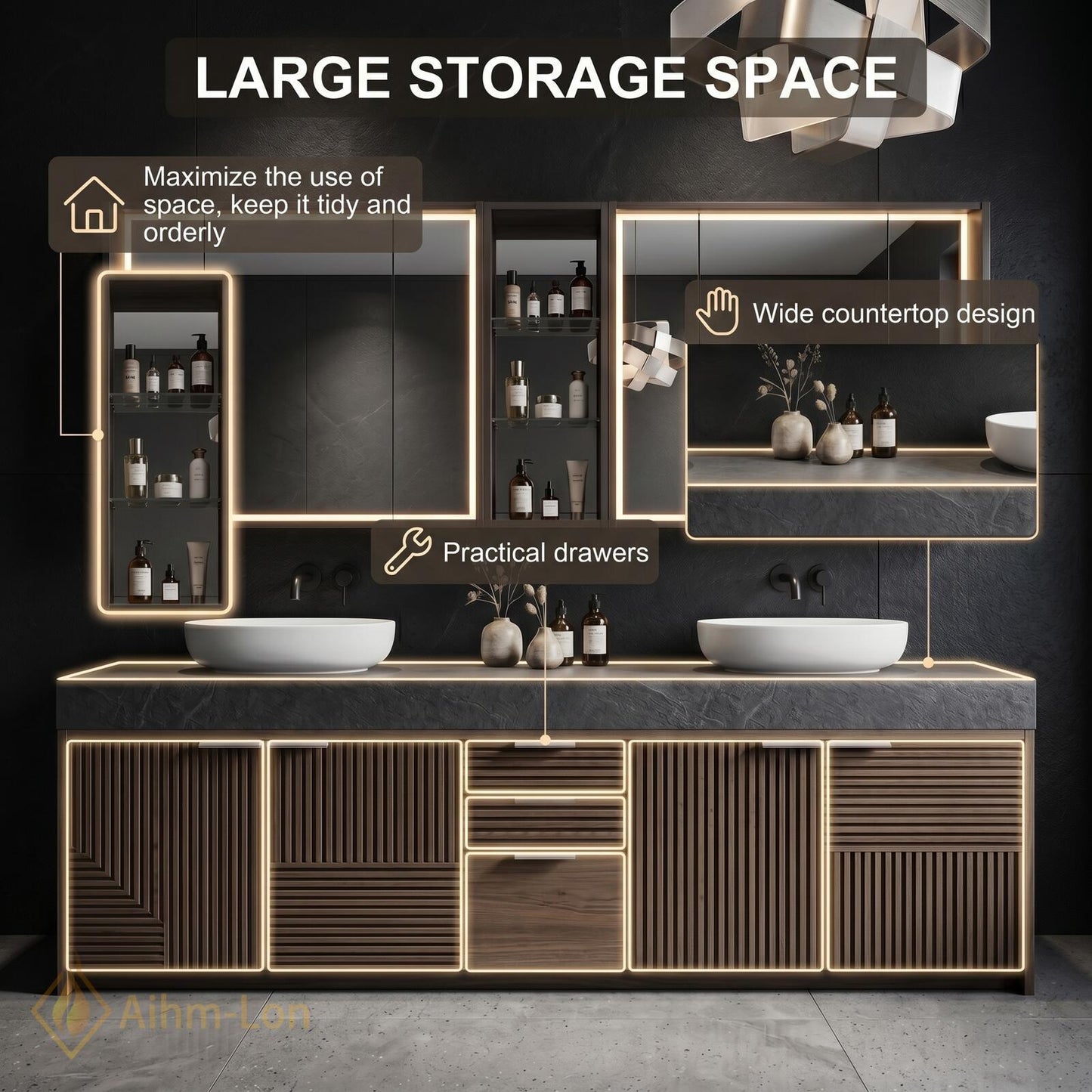 70''-96'' Modern Double Bathroom Vanity with Sink Dark Walnut Slatted Center Shelving