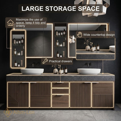 70''-96'' Modern Double Bathroom Vanity with Sink Dark Walnut Slatted Center Shelving