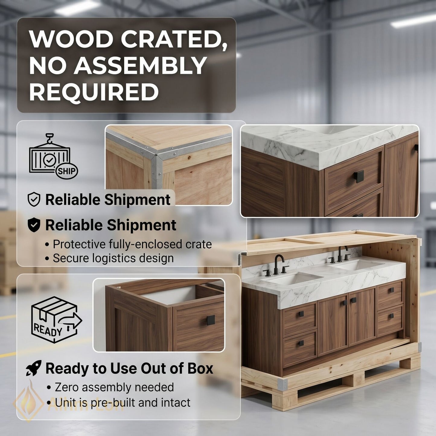 76''-96'' Double Bathroom Vanity with Sink Walnut Floating Elegant Marble Top Wood