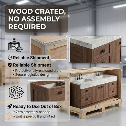 76''-96'' Double Bathroom Vanity with Sink Walnut Floating Elegant Marble Top Wood