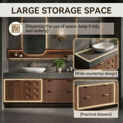 70''-96'' Double Bathroom Vanity with Sink Deep Groove Panels Open Wood Shelves