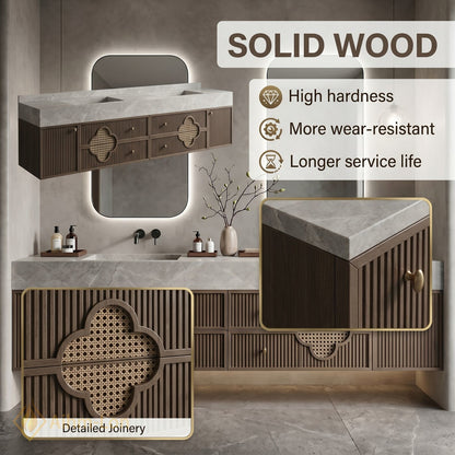 60''-96'' Double Bathroom Vanity with Sink Floating Recessed Panel Doors Natural Woven