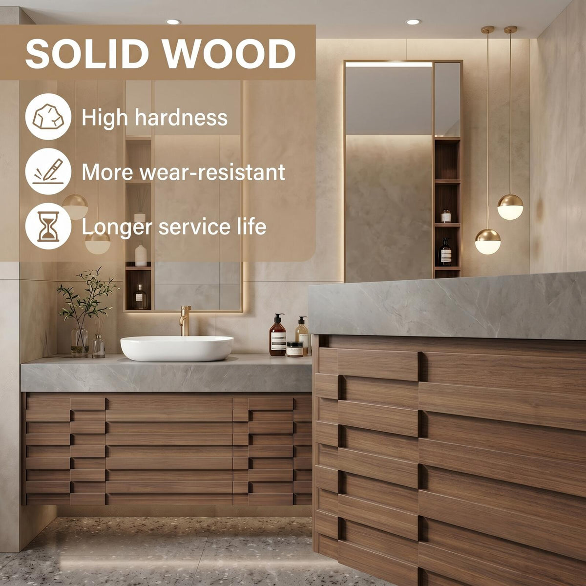 60''-96'' Double Bathroom Vanity with Sink Modern Floating Geometric Drawer Solid Wood Grain