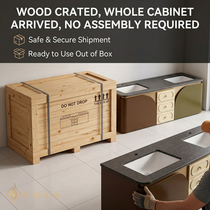 60''-96'' Double Bathroom Vanity with Sink Curved Doors Matte Metallic Cabinet Drawers