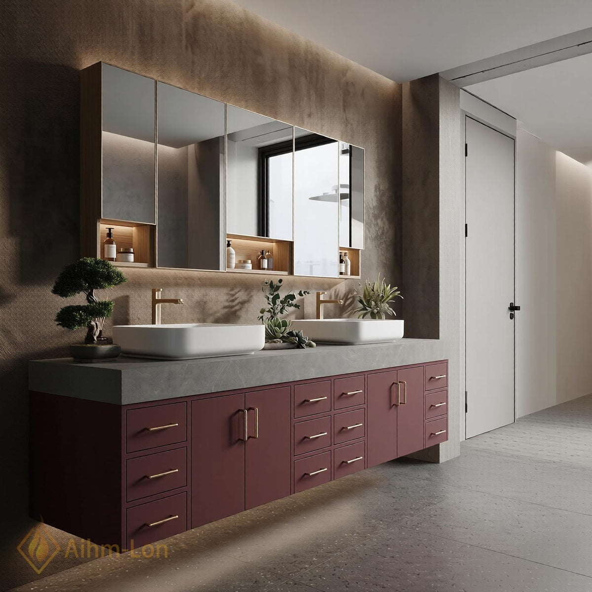 78''-96'' Double Bathroom Vanity with Sink Floating Double Burgundy Finish Muted Spacious