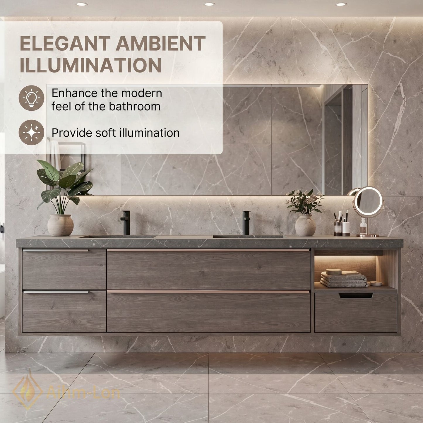 70''-96'' Modern Bathroom Vanity with Sink Floating Dark Wood Grey Stone LED Mirror