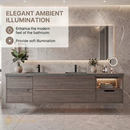 70''-96'' Modern Bathroom Vanity with Sink Floating Dark Wood Grey Stone LED Mirror