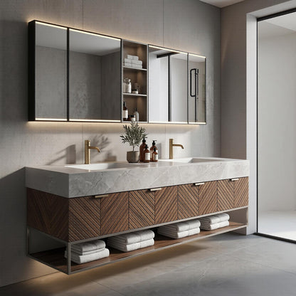 60''-96'' Double Bathroom Vanity with Sink Modern Floating Herringbone Wood Marble Texture