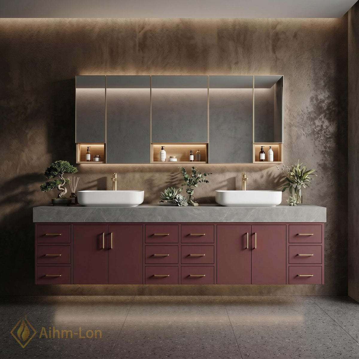 78''-96'' Double Bathroom Vanity with Sink Floating Double Burgundy Finish Muted Spacious