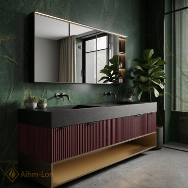 60''-96'' Floating Bathroom Vanity with Sink Ribbed Front Panels Deep Burgundy Tone