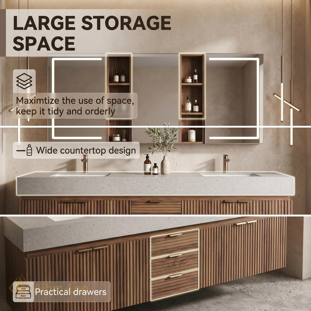 76''-96'' Double Bathroom Vanity with Sink Floating Vanity Vertical Slats Vertical Slat