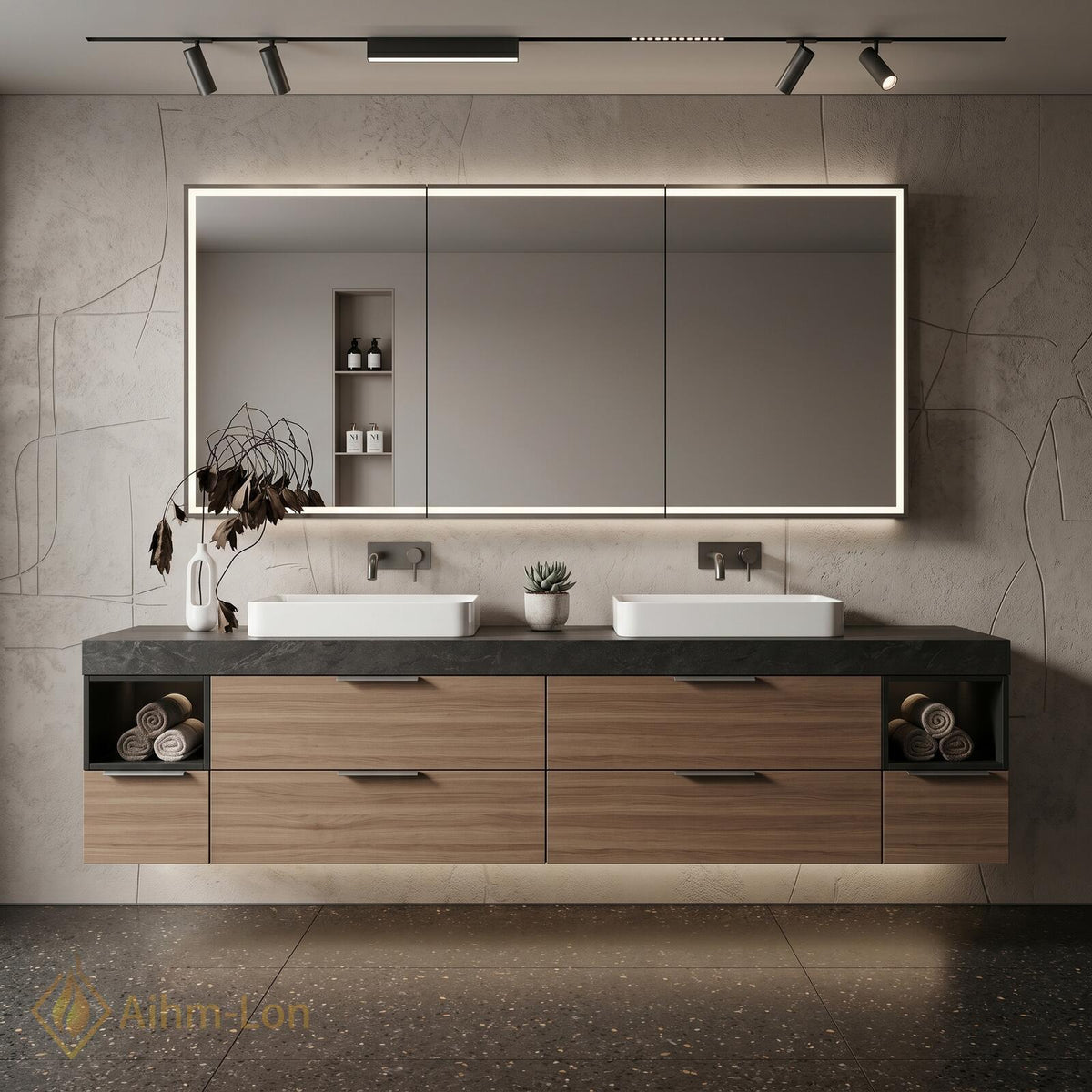 60''-96'' Double Bathroom Vanity with Sink Floating Dark Stone Top Wide Drawers