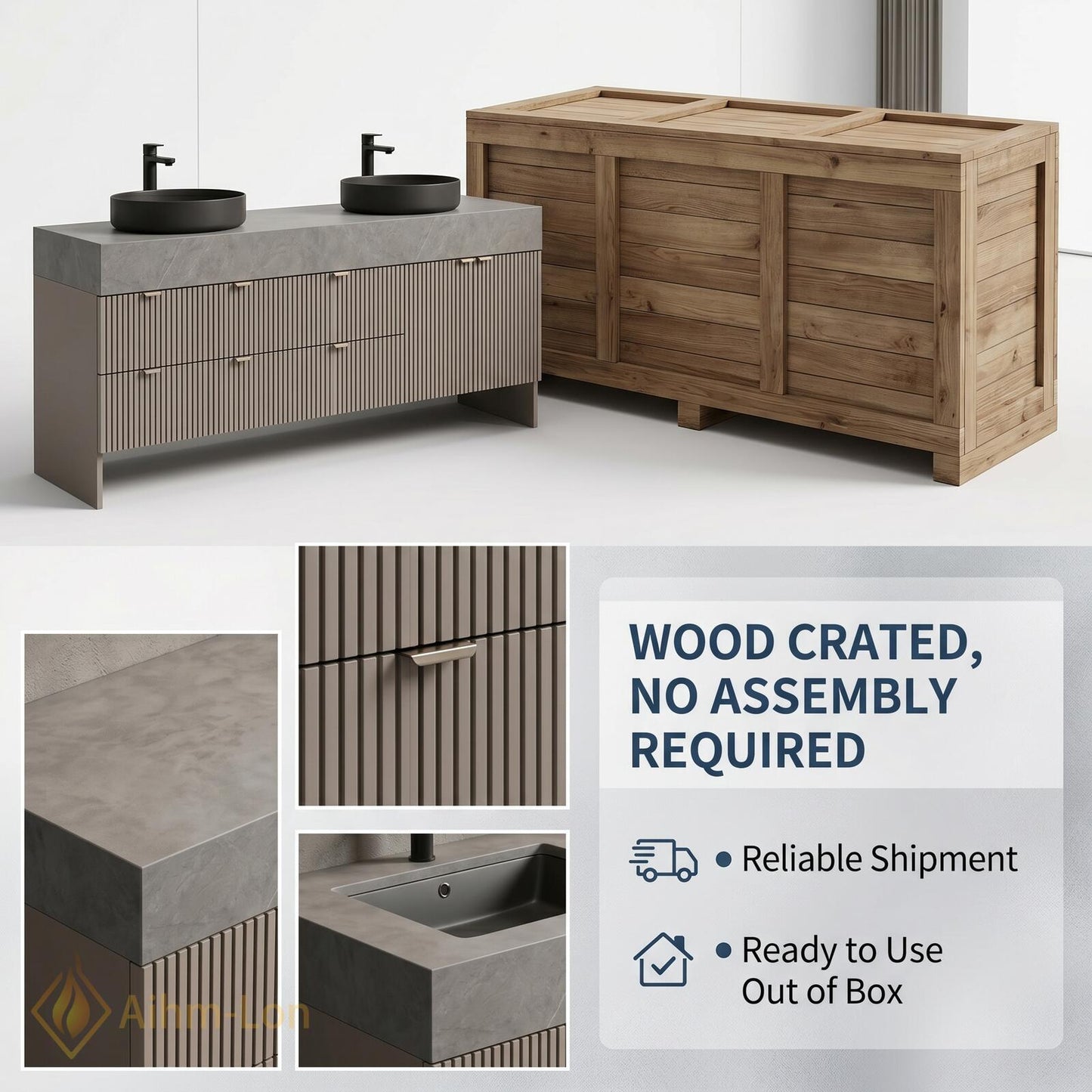 70''-96'' Double Bathroom Vanity with Sink Modern Floating Grey Stone-Effect Top Slatted