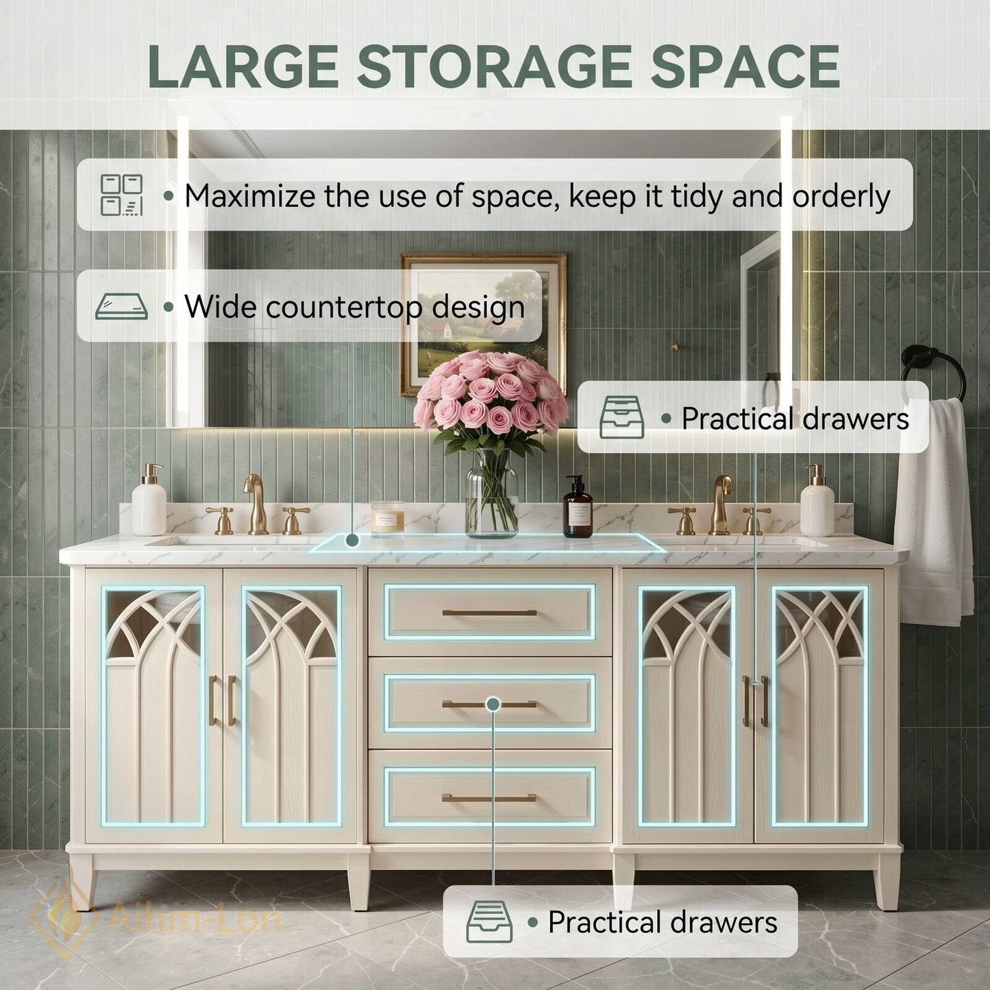 60''-96'' Classic Bathroom Vanity with Sink Arch Lattice Cream Glass Illuminated Mirror