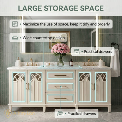 60''-96'' Classic Bathroom Vanity with Sink Arch Lattice Cream Glass Illuminated Mirror