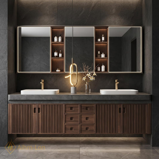 76''-96'' Bathroom Vanity with Sink Floating Vanity Walnut Finish Slatted Doors Dark