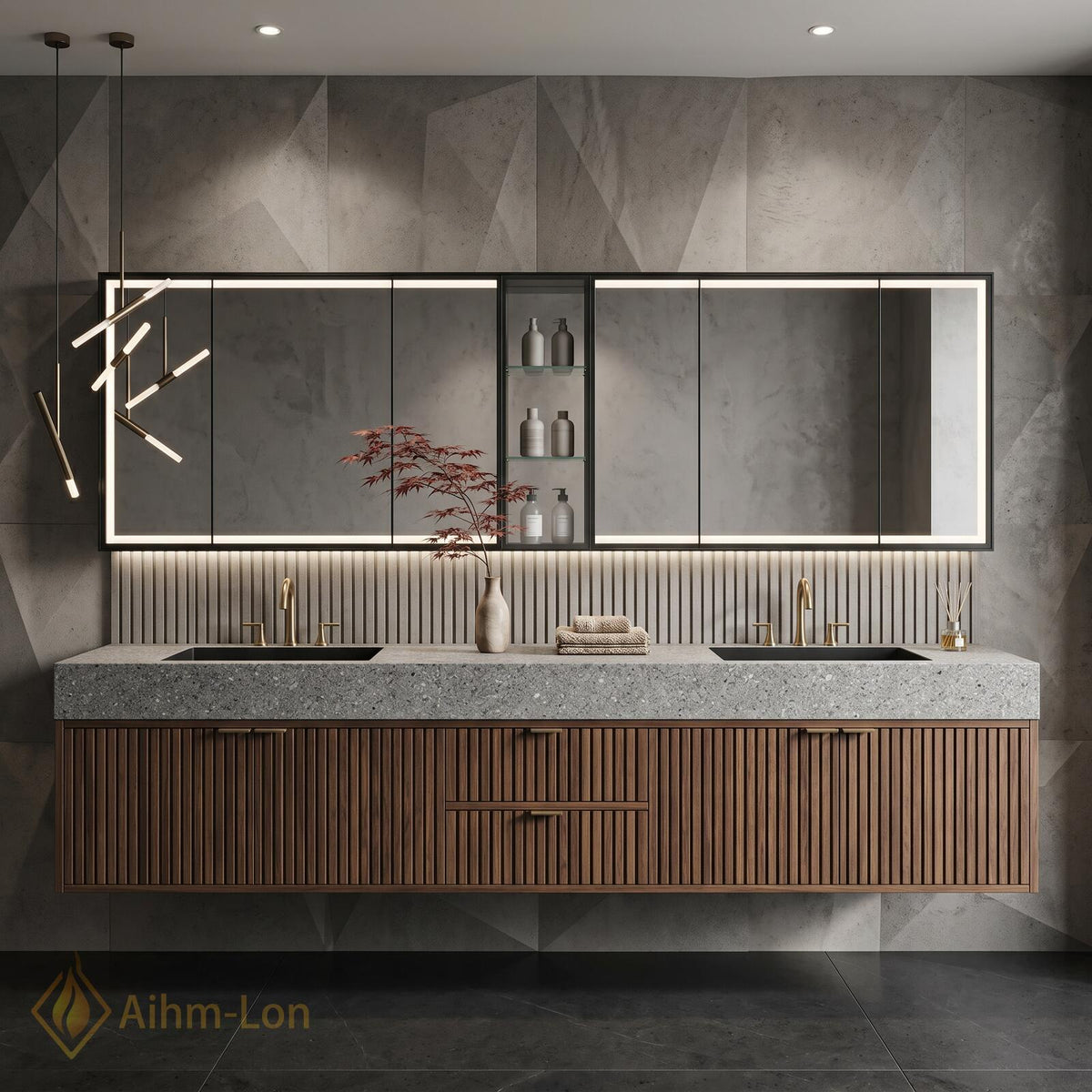 76''-96'' Bathroom Vanity with Sink Floating Vanity Slate Look Countertop Glass Center