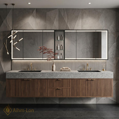 76''-96'' Bathroom Vanity with Sink Floating Vanity Slate Look Countertop Glass Center