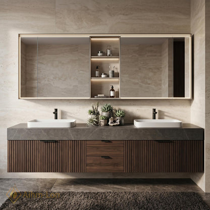 60''-96'' Modern Floating Bathroom Vanity with Sink Dark Walnut Slatted Center Panel