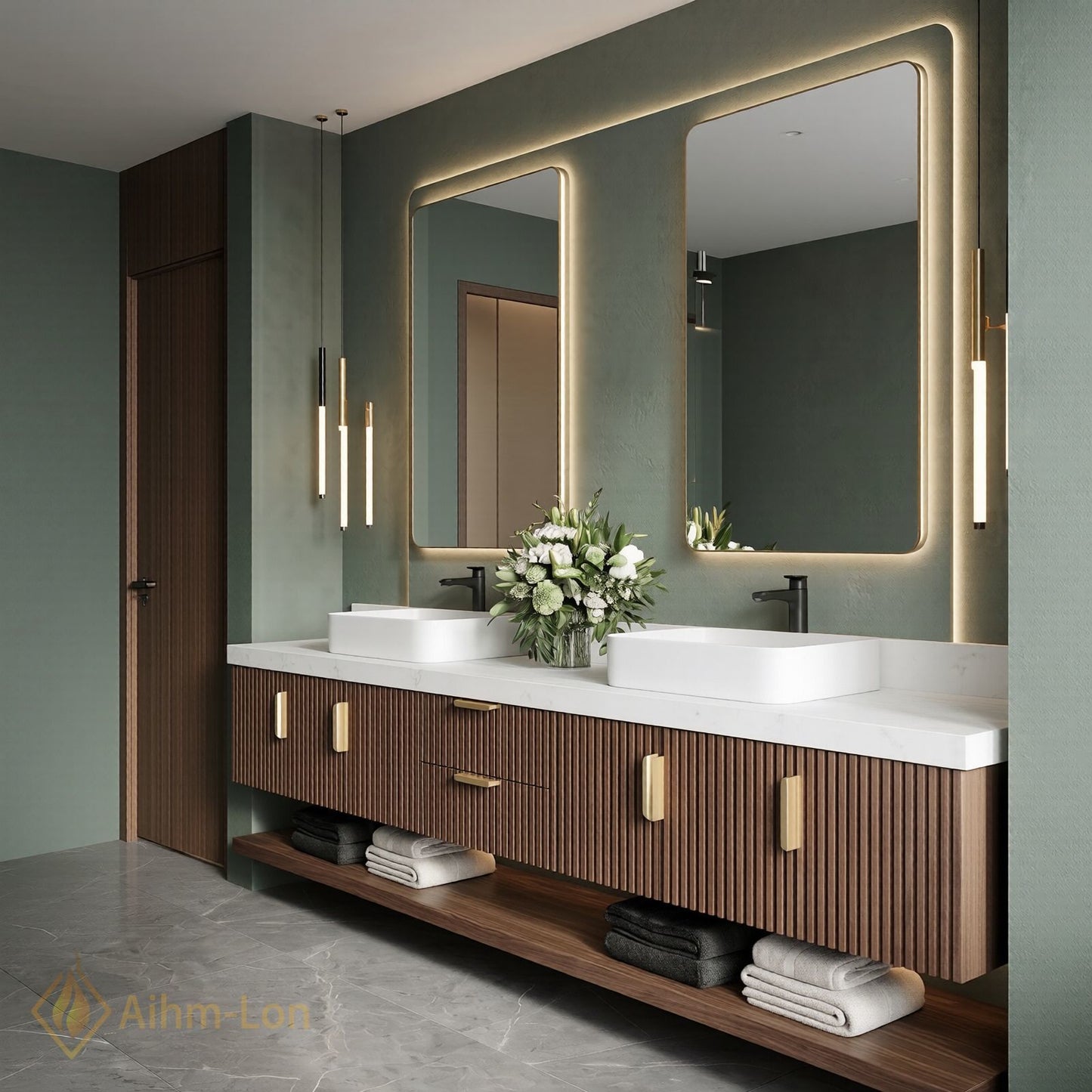 76''-96'' Double Bathroom Vanity with Sink Slatted Vertical Front Marble Effect Top
