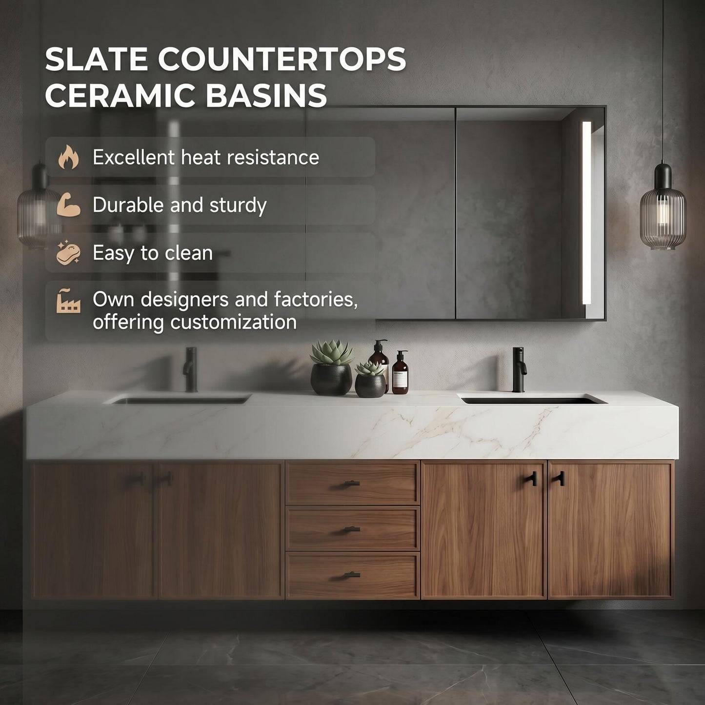 60''-96'' Modern Bathroom Vanity with Sink White Marble Walnut Grained Doors Drawers Cabinet