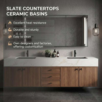 60''-96'' Modern Bathroom Vanity with Sink White Marble Walnut Grained Doors Drawers Cabinet