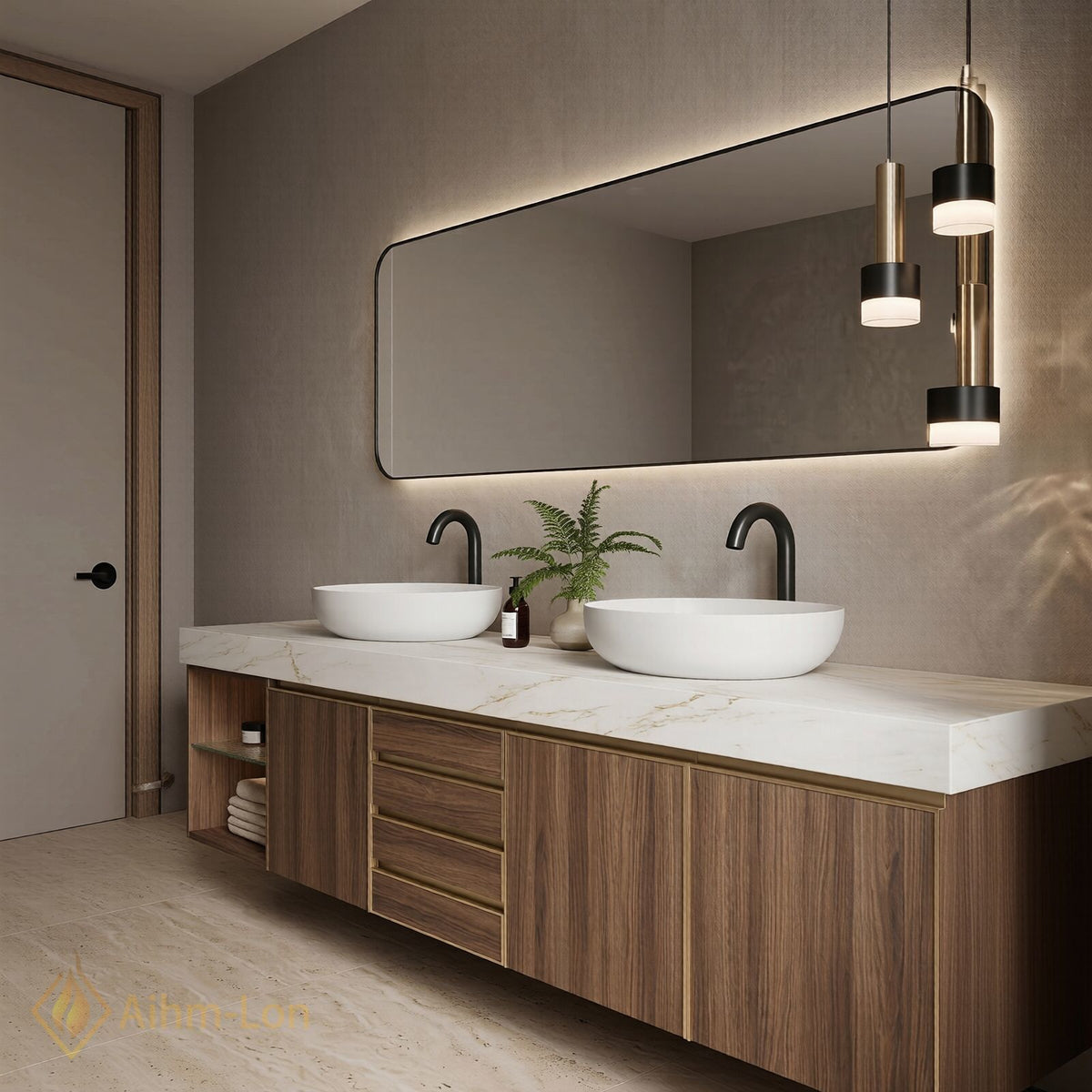 60''-96'' Double Bathroom Vanity with Sink Vessel Basins Walnut Finish Storage