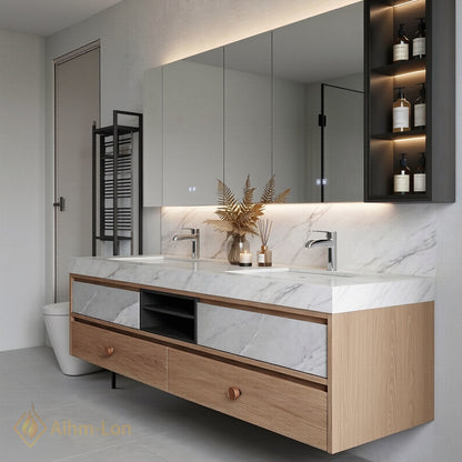 60''-96'' Floating Bathroom Vanity with Sink Wood Framed Marble Patterned Mirror Cabinet