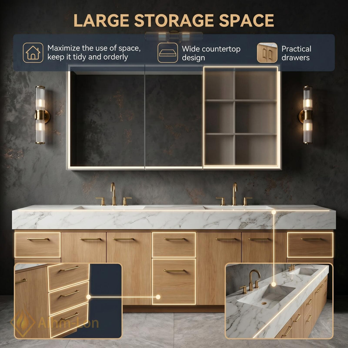 60''-96'' Double Bathroom Vanity with Sink Modern White Marble Warm Oak Wood Finish